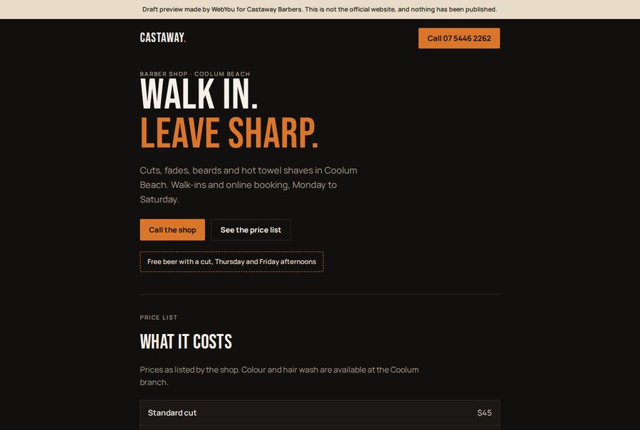A free sample homepage we built for a Coolum Beach barbershop