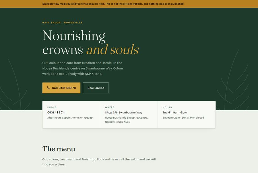 Free sample homepage we built for Noosaville Hair