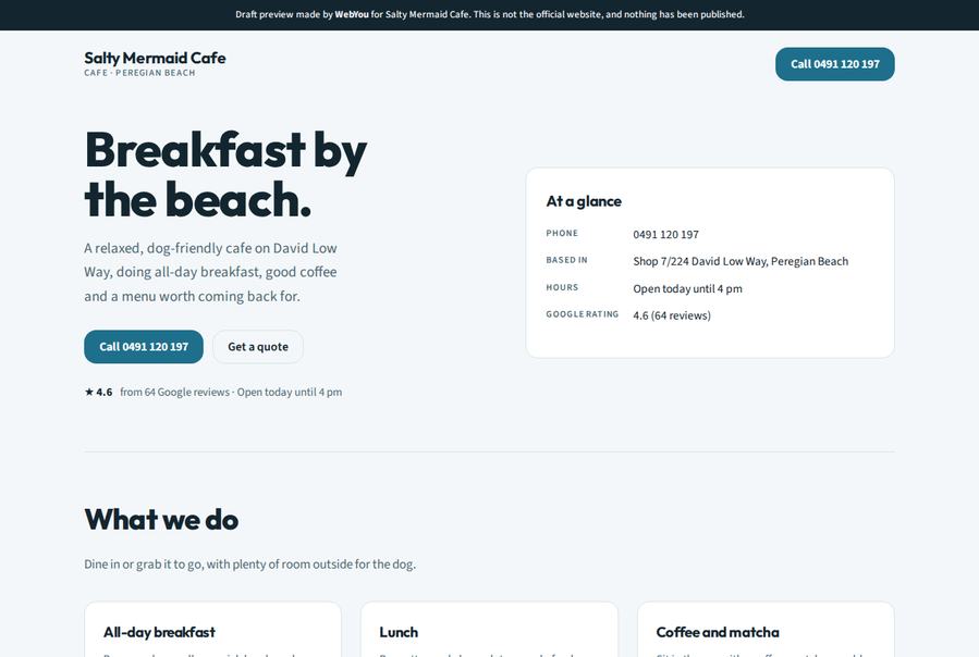 Free sample homepage we built for Salty Mermaid Cafe