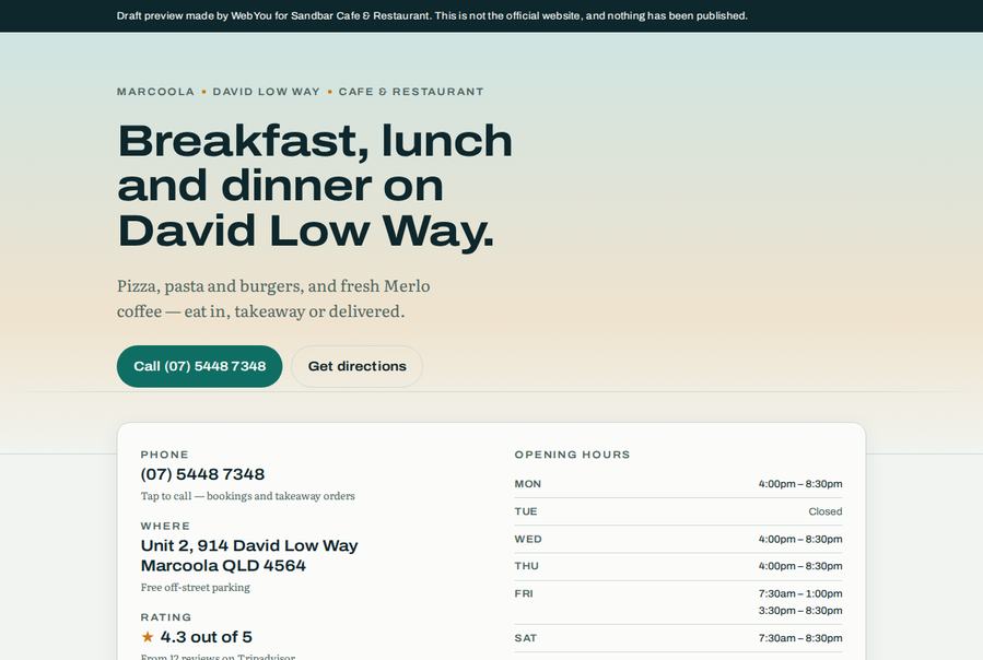 Free sample homepage we built for Sandbar Cafe